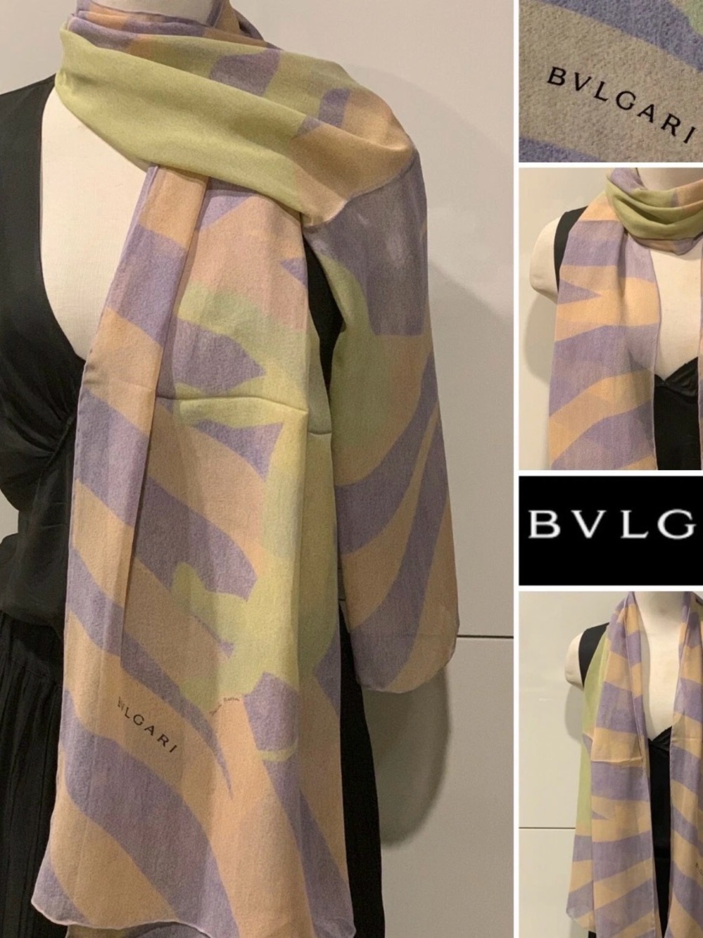 Bulgari Pastel Abstract Silk-Cashmere Scarf in Lavender, Peach & Lime